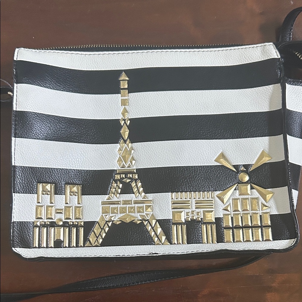 Betsey Johnson Elegant Black and White Crossbody Bag with Gold  landmark Accents